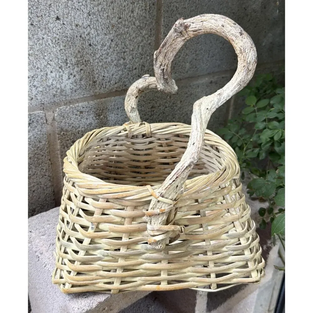 Vintage Basket With Natural Woven Vine Handle Unique Primitive Decor Signed
